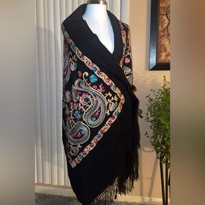 Black multicolor embroidered paisley shawl wrap by La Seine